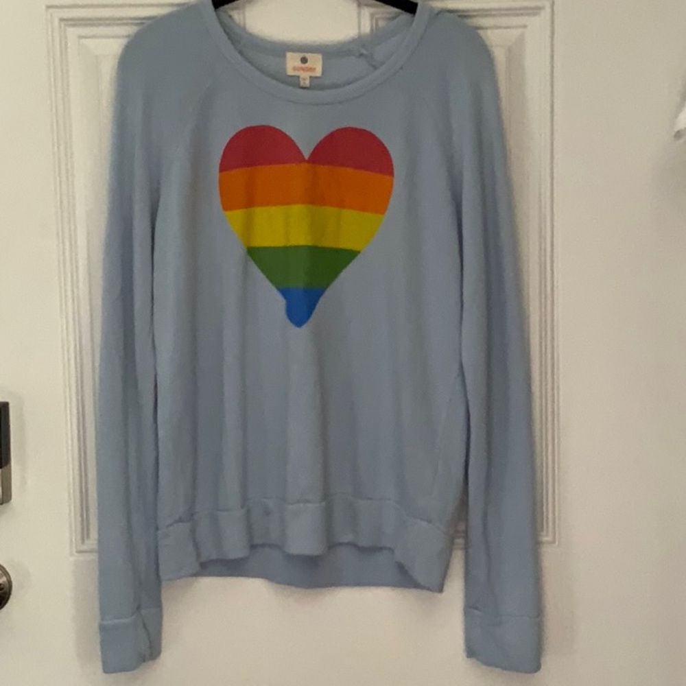 Sundry Light Blue Sweater with Rainbow Heart